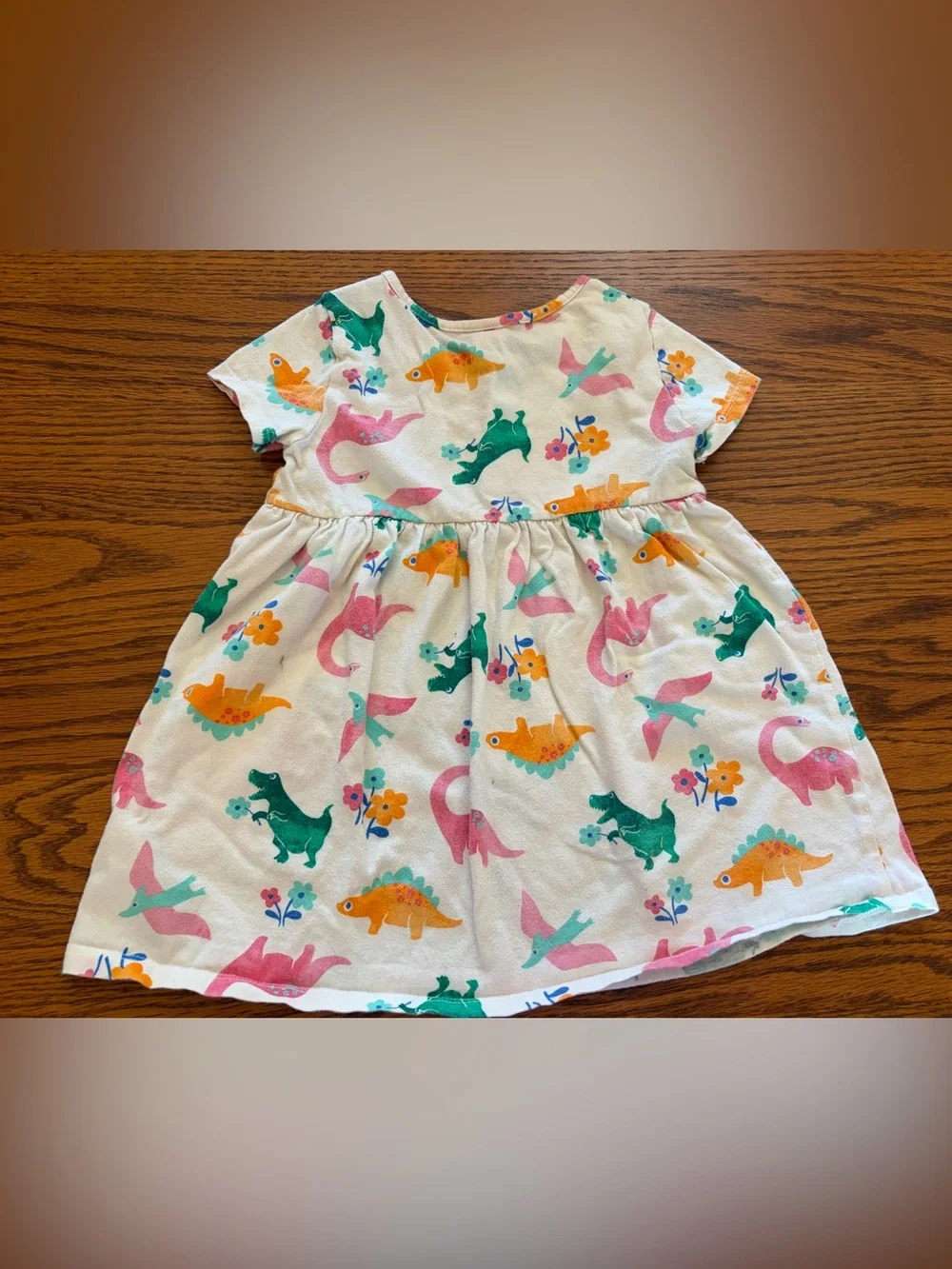 Kids Short Sleeve Cotton Dress with Colorful Dinosaur Print
